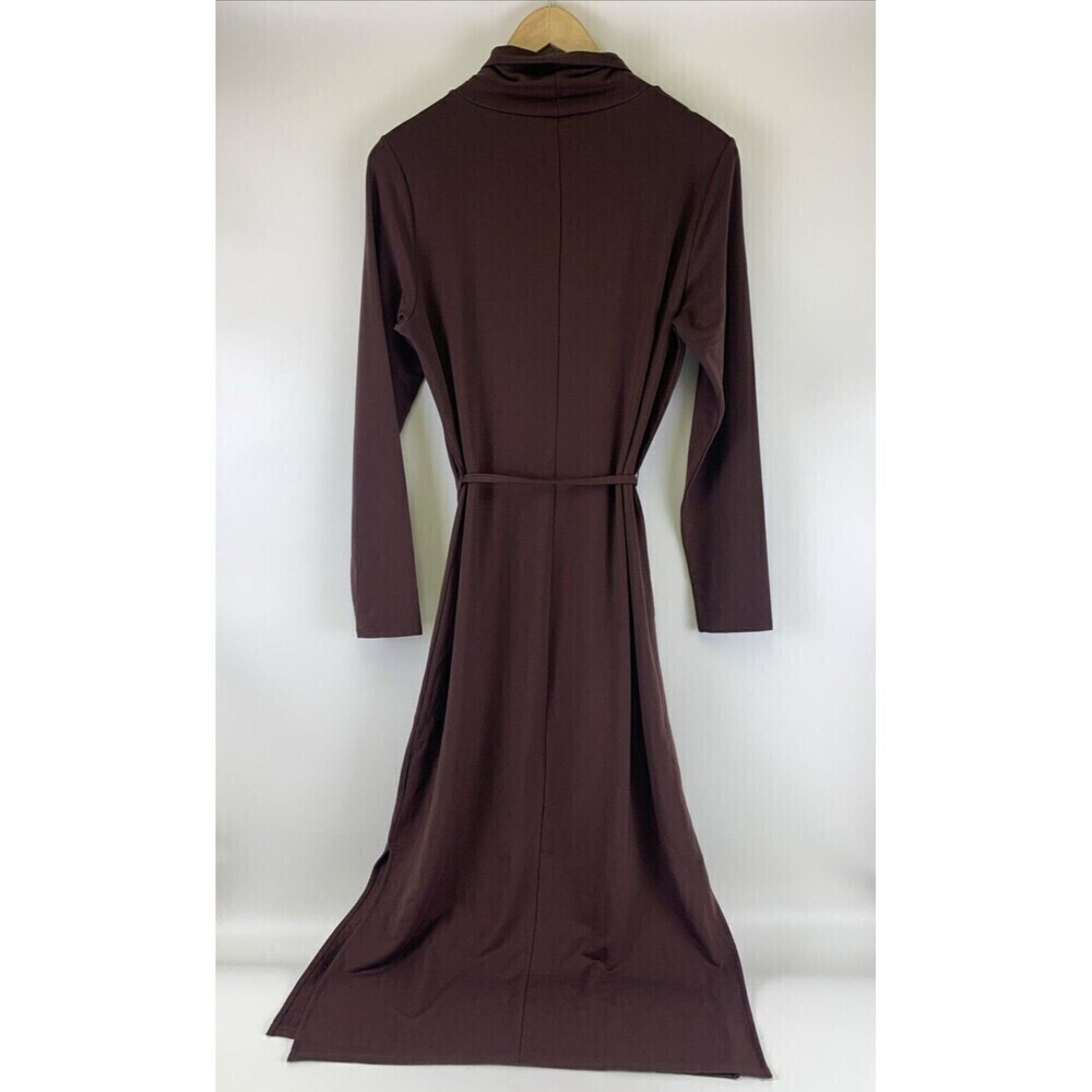 Garnet Hill Turtleneck Midi Dress Brown Tencel Slit Tie Belt Knit Stretch Medium - Picture 7 of 12